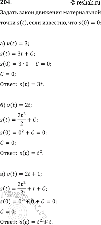 Изображение 204. Скорость материальной точки определяется формулой:а) v(t) = 3;	б) v(t) = 2t;	в) v(t) = 2t + 1.Задайте формулой закон движения материальной точки s(t), если...