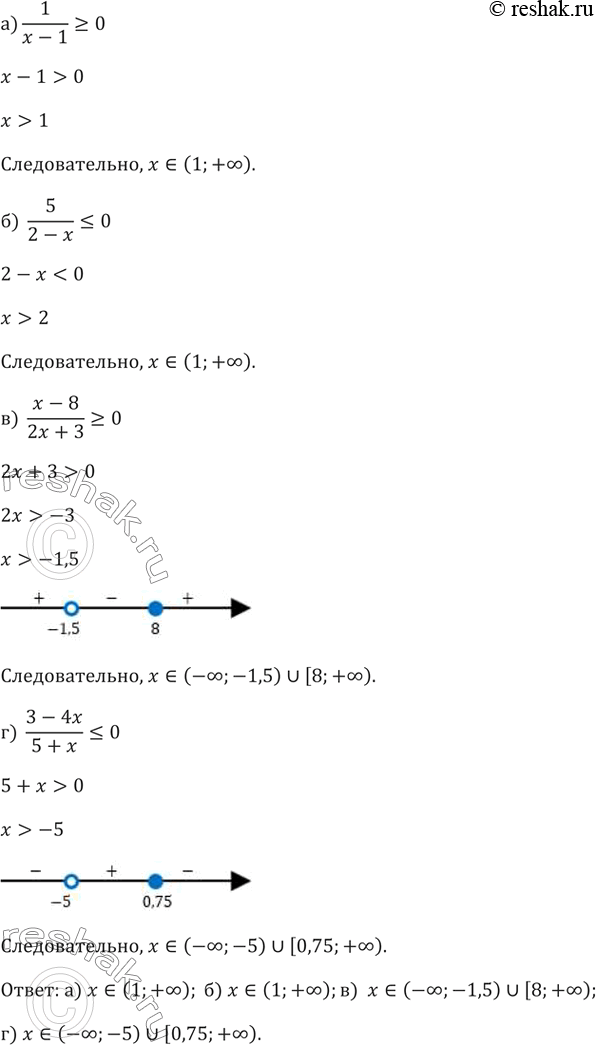 Изображение 171.а) 1/(x-1)>=0б) 5/(2-x)=0 г)...