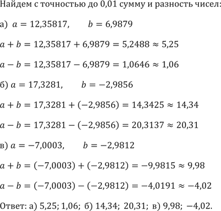 Изображение 707. Найдите с точностью до 0,01 сумму и разность чисел:а) a=3,1567, b=2,0921;б) a=17,3281, b=-2,9856;в) a=-7,0003,...